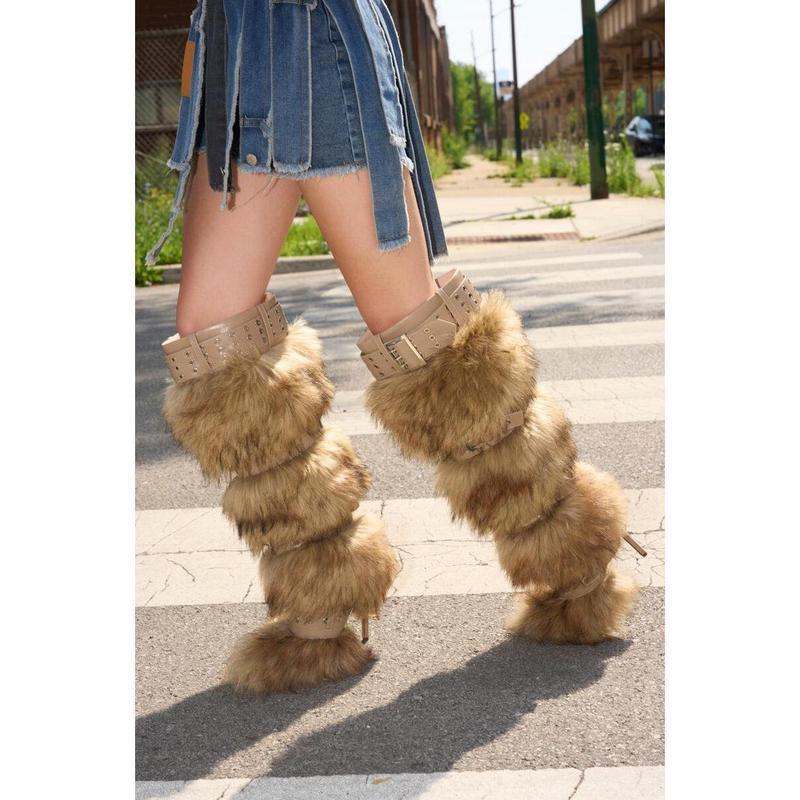 AZALEA WANG AMALBERT BROWN MULTI FUR and BUCKLES BOOT
