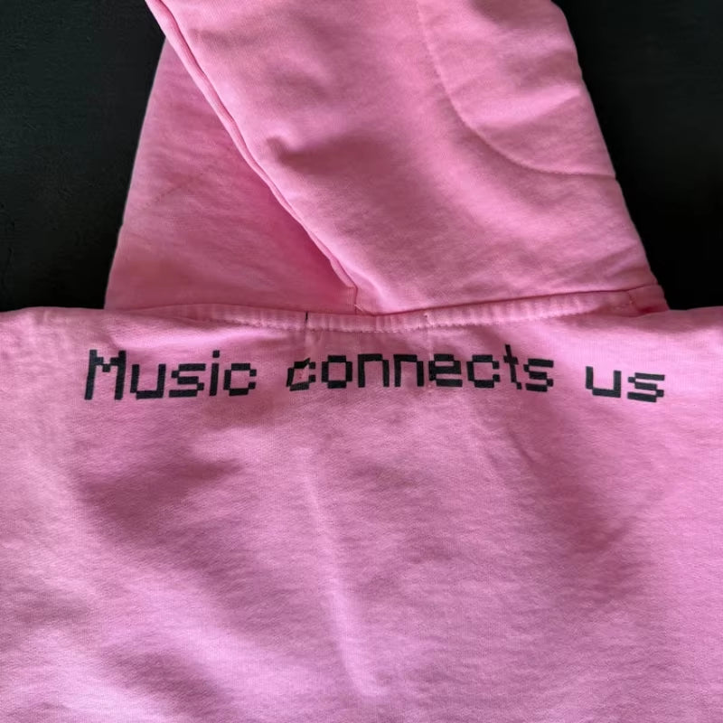 Music Connects Us Oversized Retro Zipper Hoodie Men Y2K American New Trend Harajuku Hip Hop Goth Casual Joker Couple Street Wear