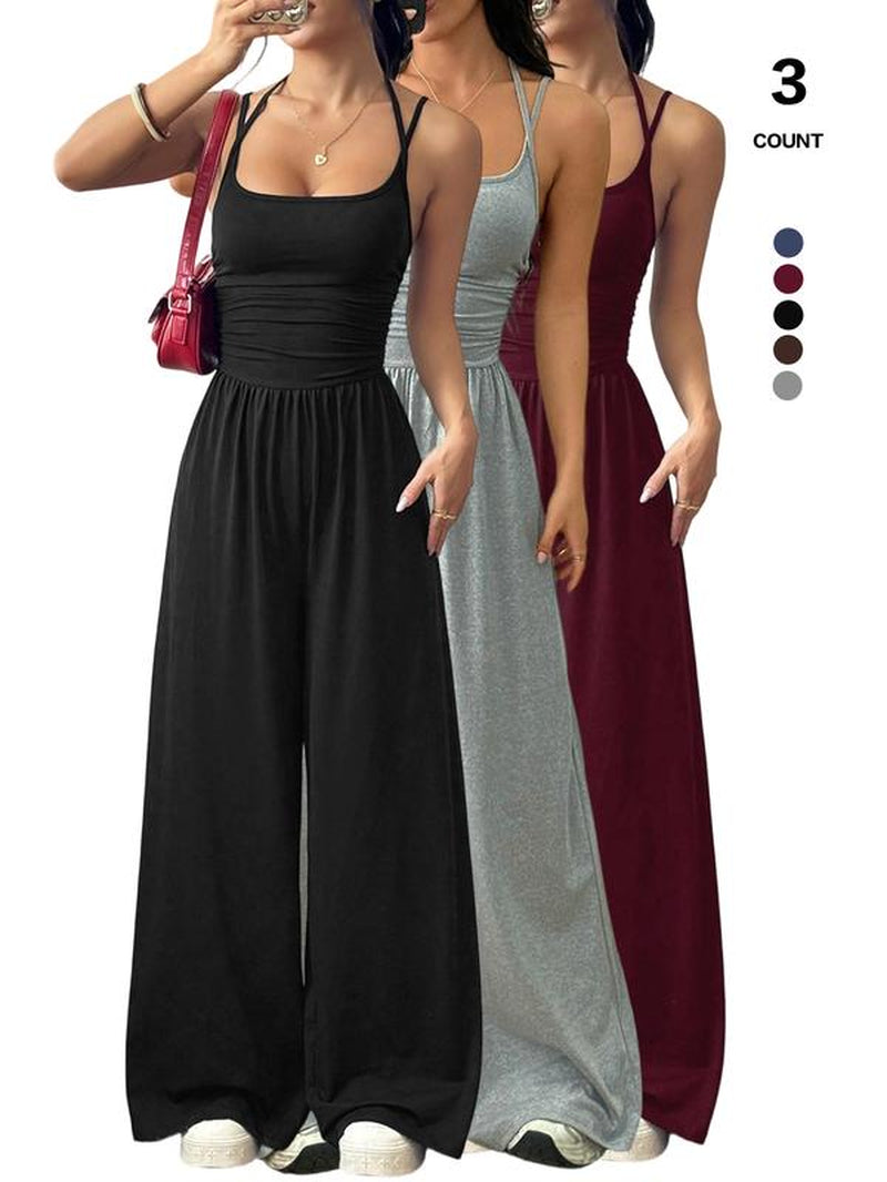 2026 Women'S Sleeveless Halter Jumpsuit, Ruched Waist Wide-Leg Palazzo Jumpsuit with Pockets