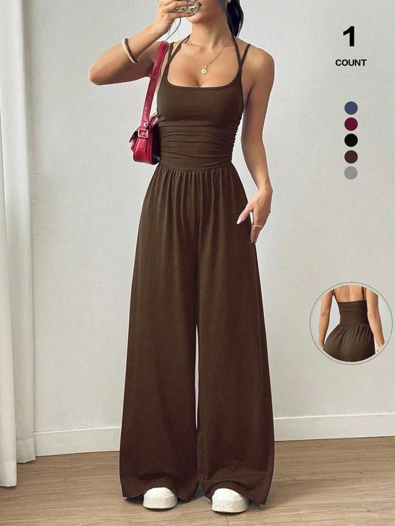 2026 Women'S Sleeveless Halter Jumpsuit, Ruched Waist Wide-Leg Palazzo Jumpsuit with Pockets