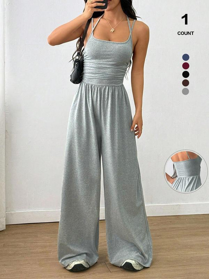 2026 Women'S Sleeveless Halter Jumpsuit, Ruched Waist Wide-Leg Palazzo Jumpsuit with Pockets