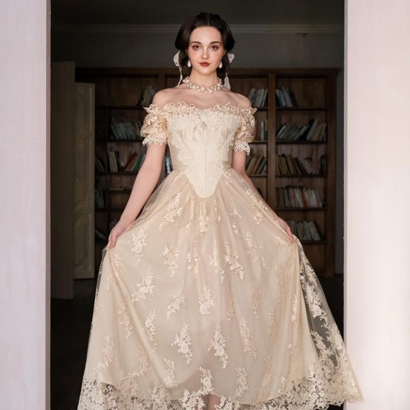 Snow Petal Tear Corset Dress-Luminavenus Dresses Casual Summer Floral Vintagedress Lacegown Ballroomaesthetic Romanticstyle Fairytalefashion Princessenergy Etherealvibes Photoshootoutfit Formal Women