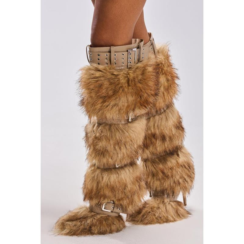 AZALEA WANG AMALBERT BROWN MULTI FUR and BUCKLES BOOT