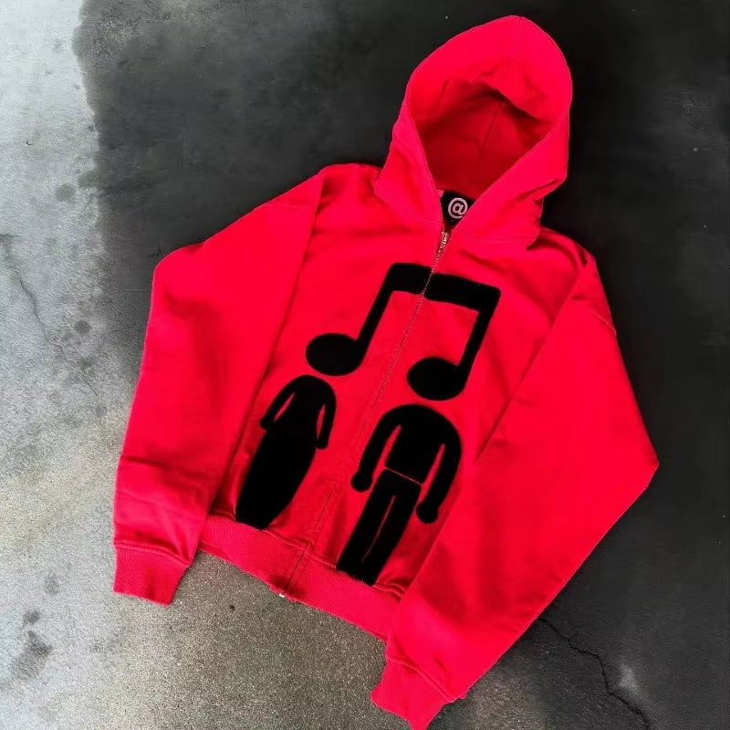 Music Connects Us Oversized Retro Zipper Hoodie Men Y2K American New Trend Harajuku Hip Hop Goth Casual Joker Couple Street Wear