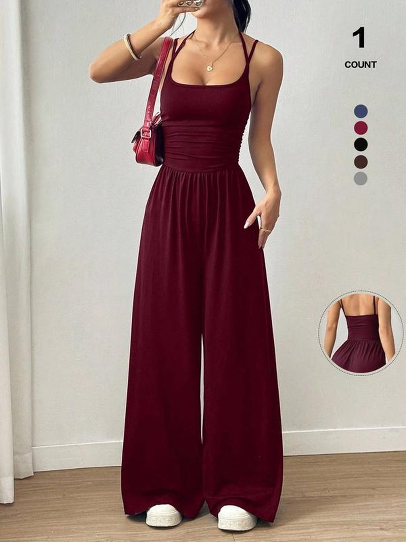 2026 Women'S Sleeveless Halter Jumpsuit, Ruched Waist Wide-Leg Palazzo Jumpsuit with Pockets