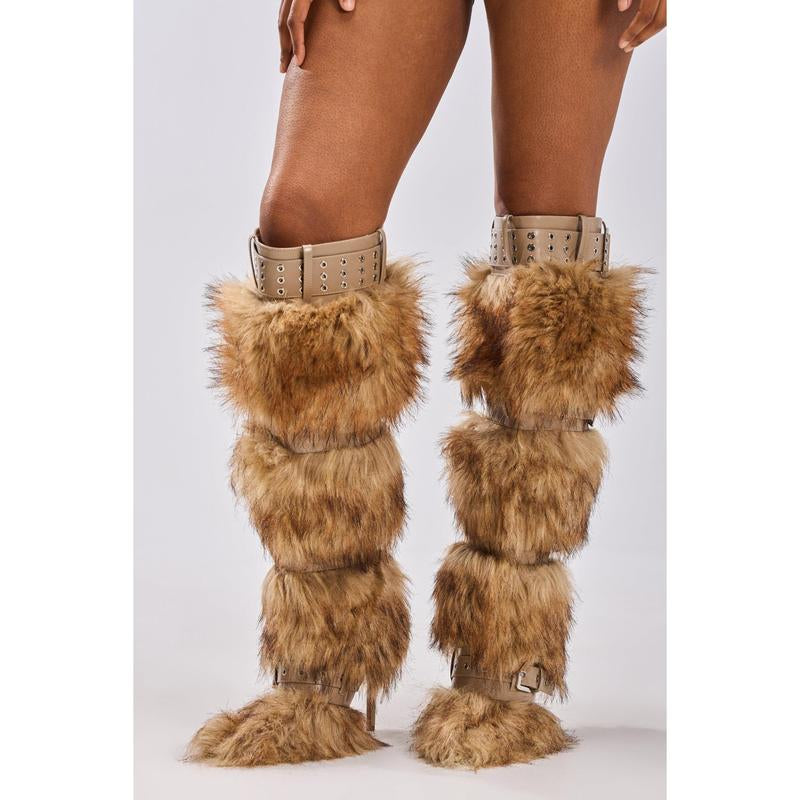 AZALEA WANG AMALBERT BROWN MULTI FUR and BUCKLES BOOT
