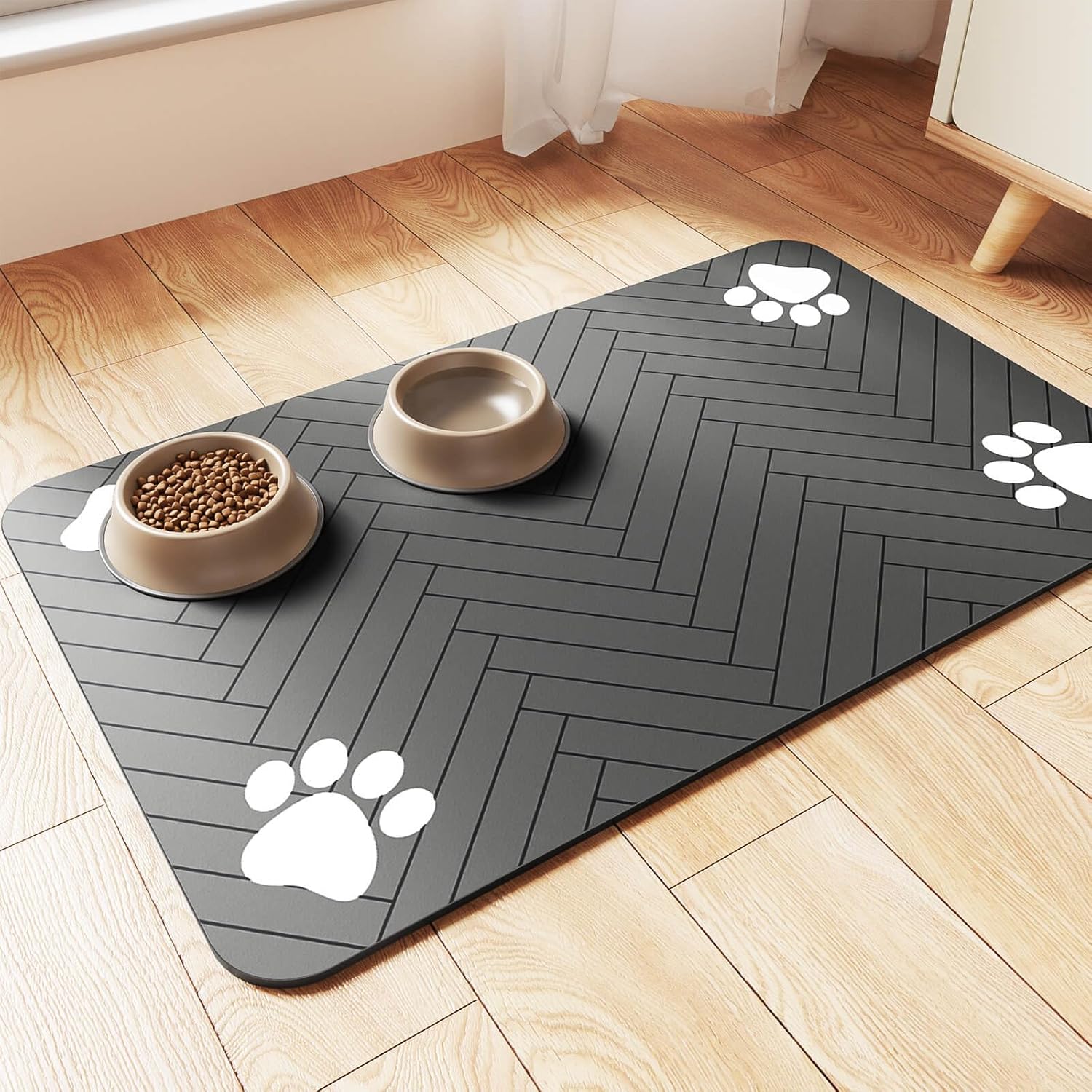 Premium Absorbent Pet Feeding Mat - Waterproof Rubber Backing for Dogs and Cats (20"x12", Striped Dark Gray)