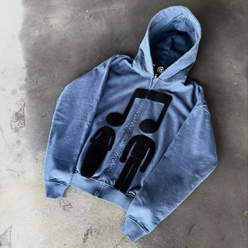 Music Connects Us Oversized Retro Zipper Hoodie Men Y2K American New Trend Harajuku Hip Hop Goth Casual Joker Couple Street Wear