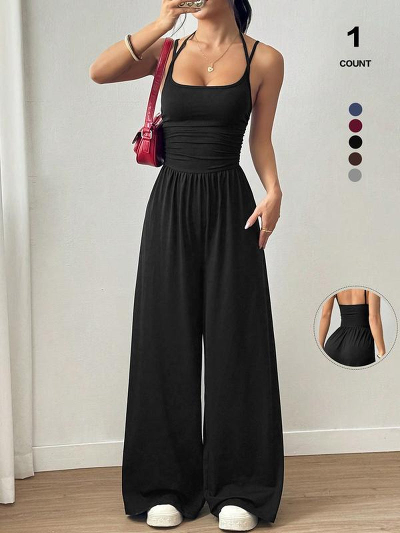 2026 Women'S Sleeveless Halter Jumpsuit, Ruched Waist Wide-Leg Palazzo Jumpsuit with Pockets
