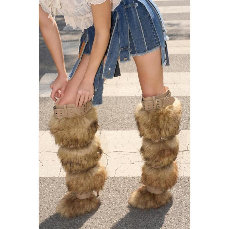 AZALEA WANG AMALBERT BROWN MULTI FUR and BUCKLES BOOT