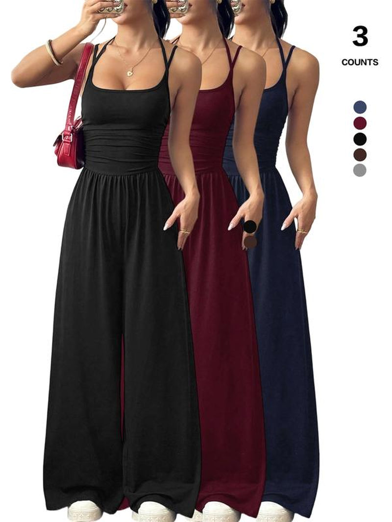 2026 Women'S Sleeveless Halter Jumpsuit, Ruched Waist Wide-Leg Palazzo Jumpsuit with Pockets