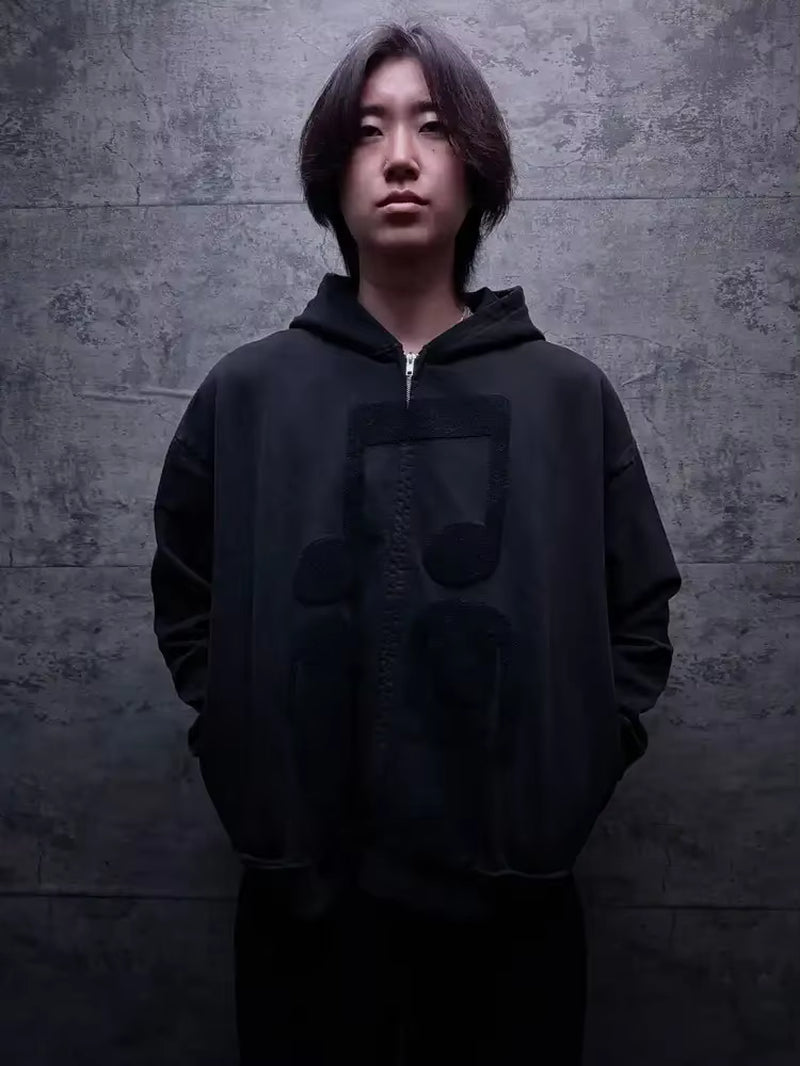 Music Connects Us Oversized Retro Zipper Hoodie Men Y2K American New Trend Harajuku Hip Hop Goth Casual Joker Couple Street Wear