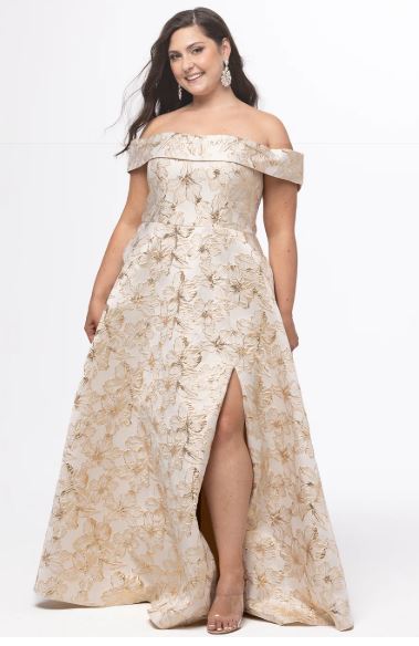 In Full Bloom Gold Floral Brocade Plus Size Formal Dress