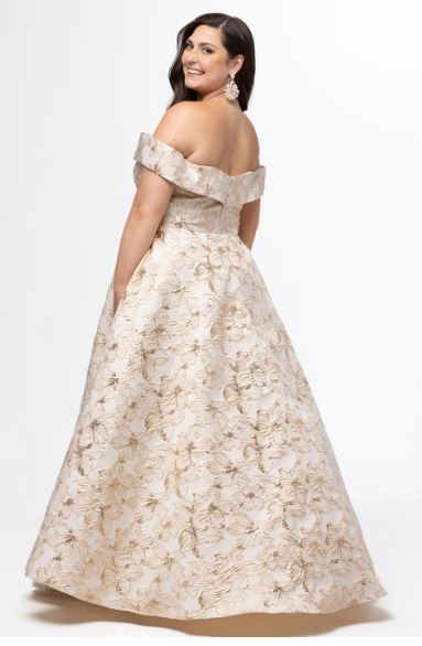 In Full Bloom Gold Floral Brocade Plus Size Formal Dress
