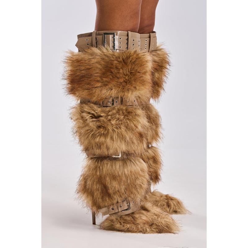 AZALEA WANG AMALBERT BROWN MULTI FUR and BUCKLES BOOT