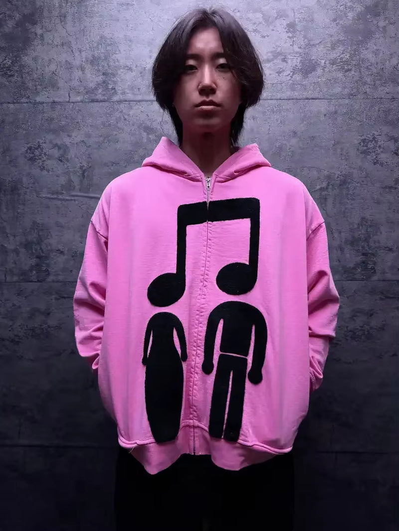 Music Connects Us Oversized Retro Zipper Hoodie Men Y2K American New Trend Harajuku Hip Hop Goth Casual Joker Couple Street Wear