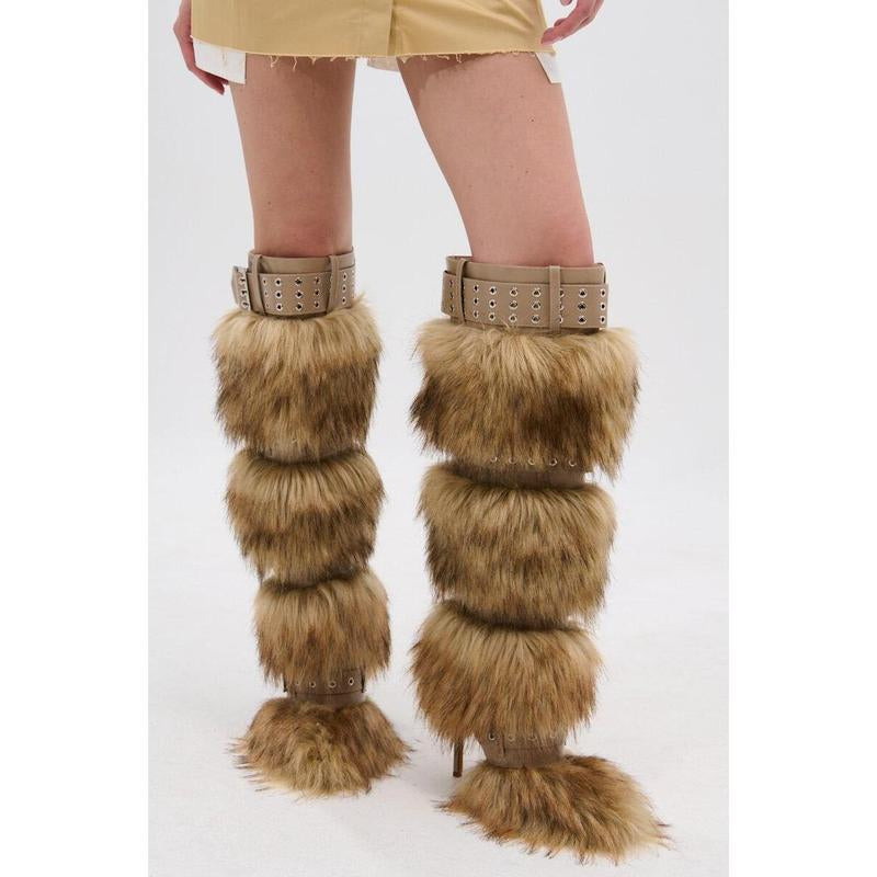 AZALEA WANG AMALBERT BROWN MULTI FUR and BUCKLES BOOT