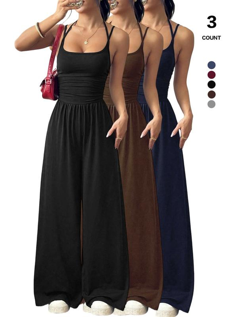 2026 Women'S Sleeveless Halter Jumpsuit, Ruched Waist Wide-Leg Palazzo Jumpsuit with Pockets