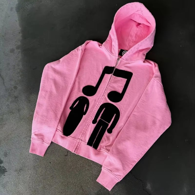 Music Connects Us Oversized Retro Zipper Hoodie Men Y2K American New Trend Harajuku Hip Hop Goth Casual Joker Couple Street Wear