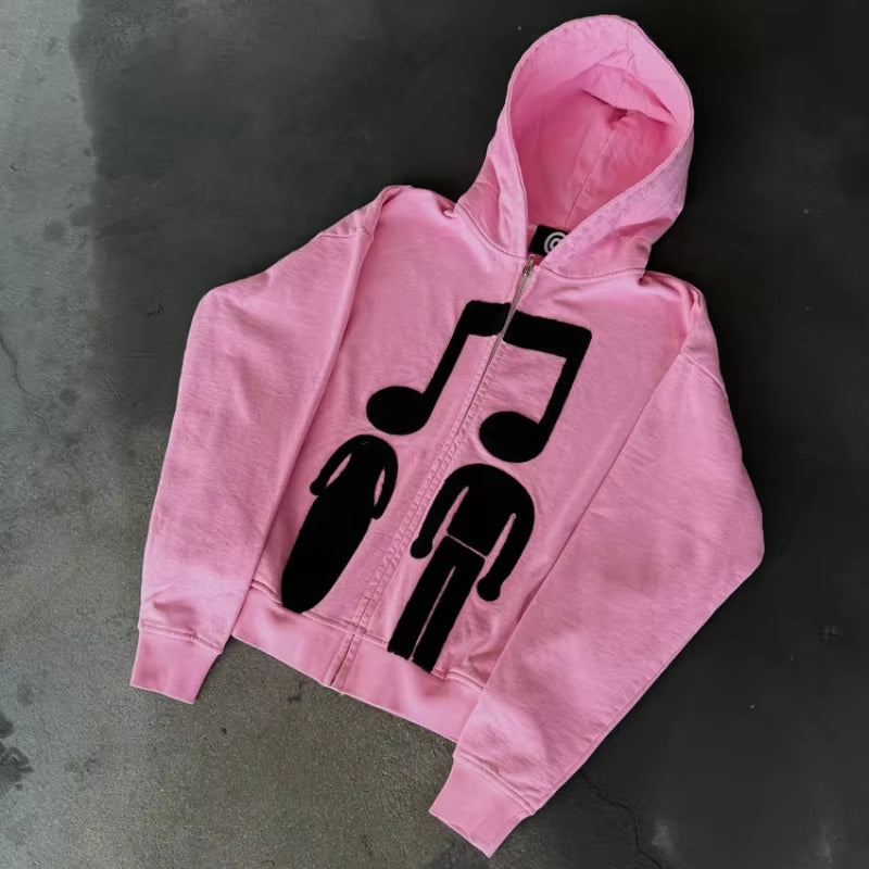 Music Connects Us Oversized Retro Zipper Hoodie Men Y2K American New Trend Harajuku Hip Hop Goth Casual Joker Couple Street Wear