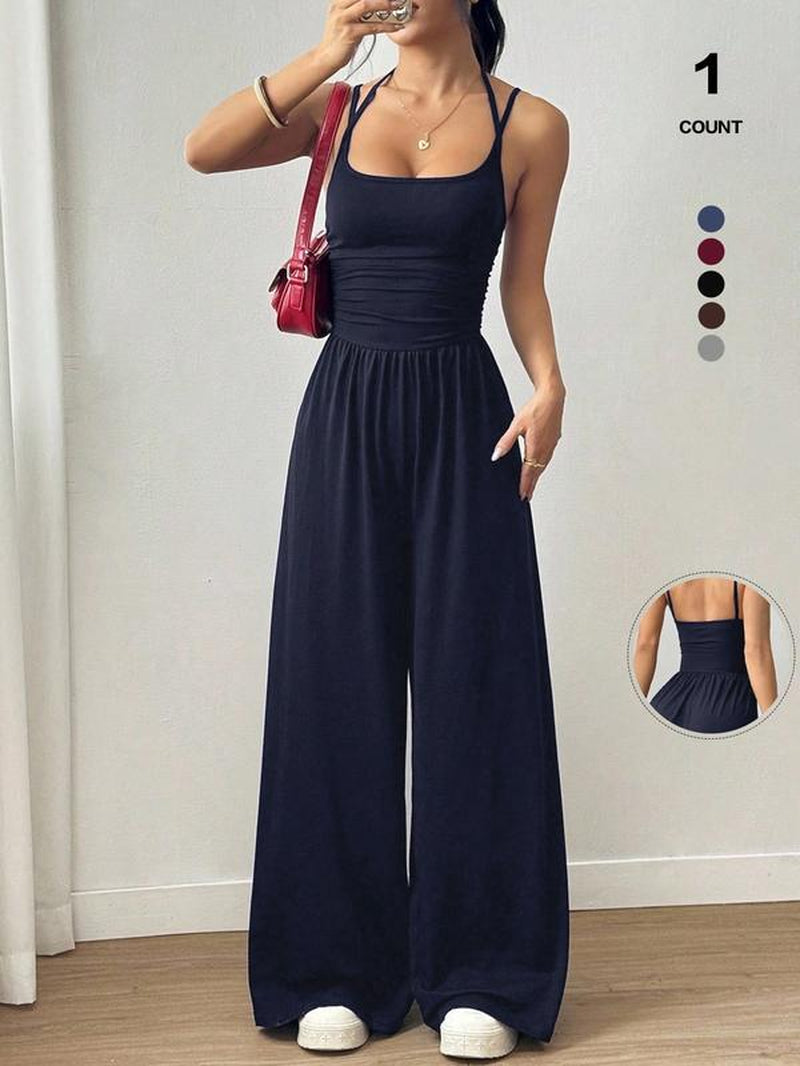 2026 Women'S Sleeveless Halter Jumpsuit, Ruched Waist Wide-Leg Palazzo Jumpsuit with Pockets